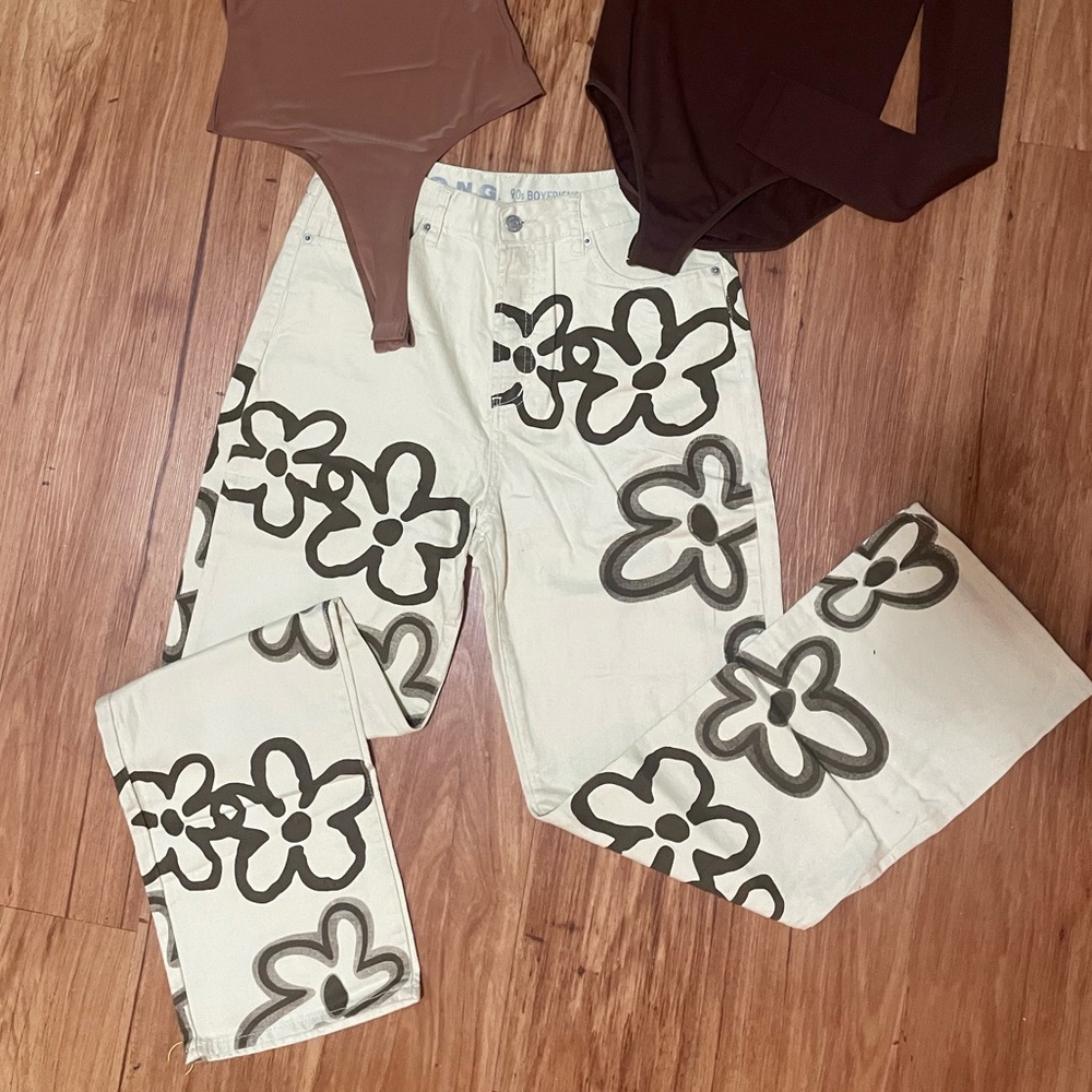 tan/khaki and brown y2k flower flare pants
